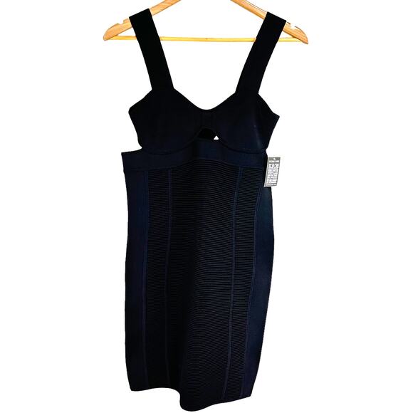 Herve Leger NWT Strappy Bra Mini Bodycon Dress Black Size L Cutout Ribbed Knit - Picture 3 of 14